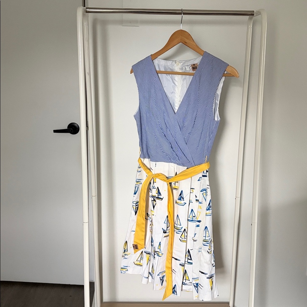 Sleeveless Blue & White Sailboat Print Dress with Yellow Belt
